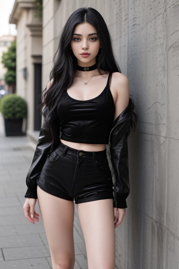 1woman, black hair, center parted long hair, realistic, masterpiece, high detailed skin, wearing random dress, looking at viewer, outdoor view, solo, full body shot
<lora:Velvet_Jacket_Shorts_By_Stable_Yogi:0.8> black velvet shorts, black velvet crop top, black velvet jacket