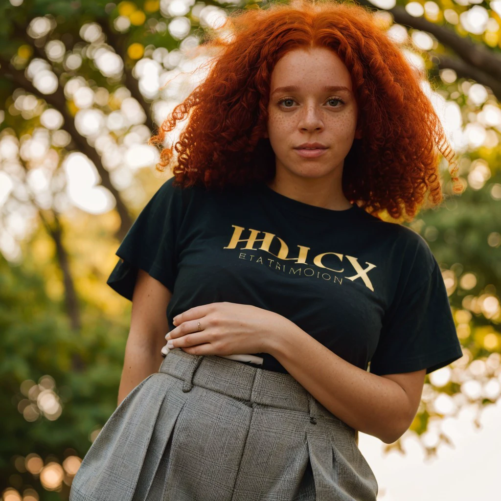 <lora:ernkl-23:1> ernlk, red hair,curly hair,(close-up:1.3),shirt,black pants,masterpiece,8k,uhd,soft lighting ,golden hour, bokeh,dof