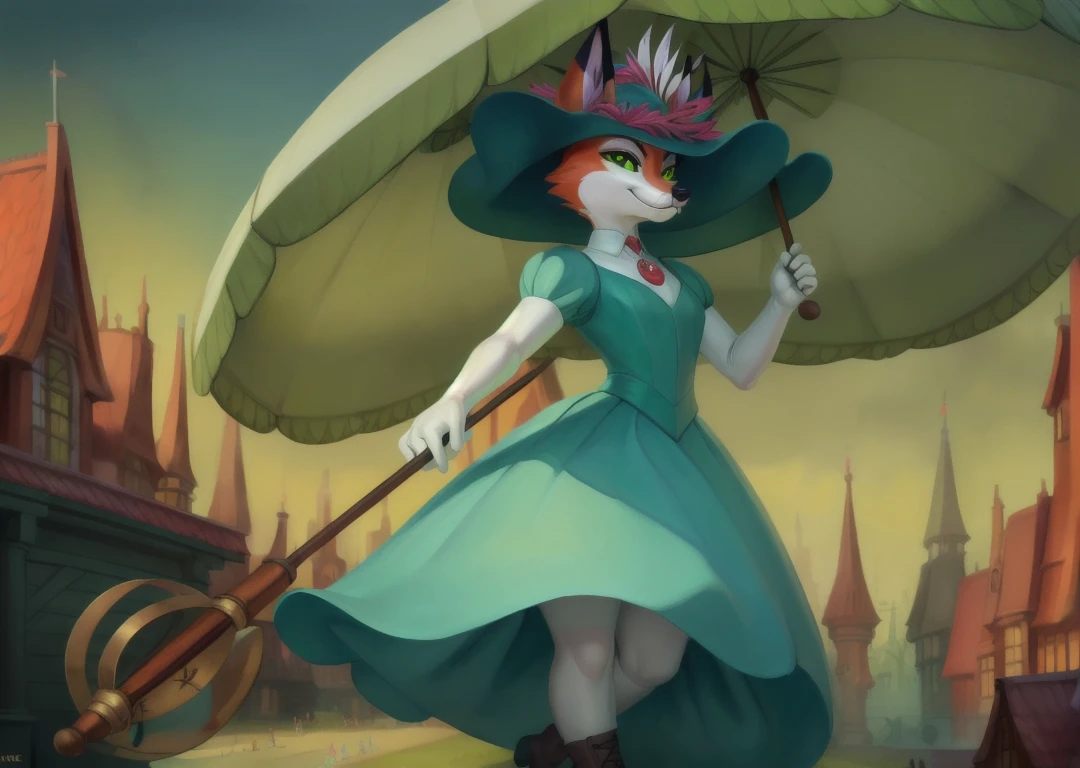 solo,
1girl ,
fox,
hat,
dress,
shoes,
boots,
multi tail,
nine tails,
umbrella,
 white gloves, 
dark-green feathered hat, 
dark-green high-heeled boots ,
parasol,
random pose,
 <lora:June_Way:1> june_way_uwe,
(detailed background, depth of field),
(intricate:1.1),
(high detail:1.2),
(soft focus),
(masterpiece, best quality, 4k, 2k, shaded, absurd res),
hyper realism,
by Chunie,
by CyanCapsule,
by Hallogreen