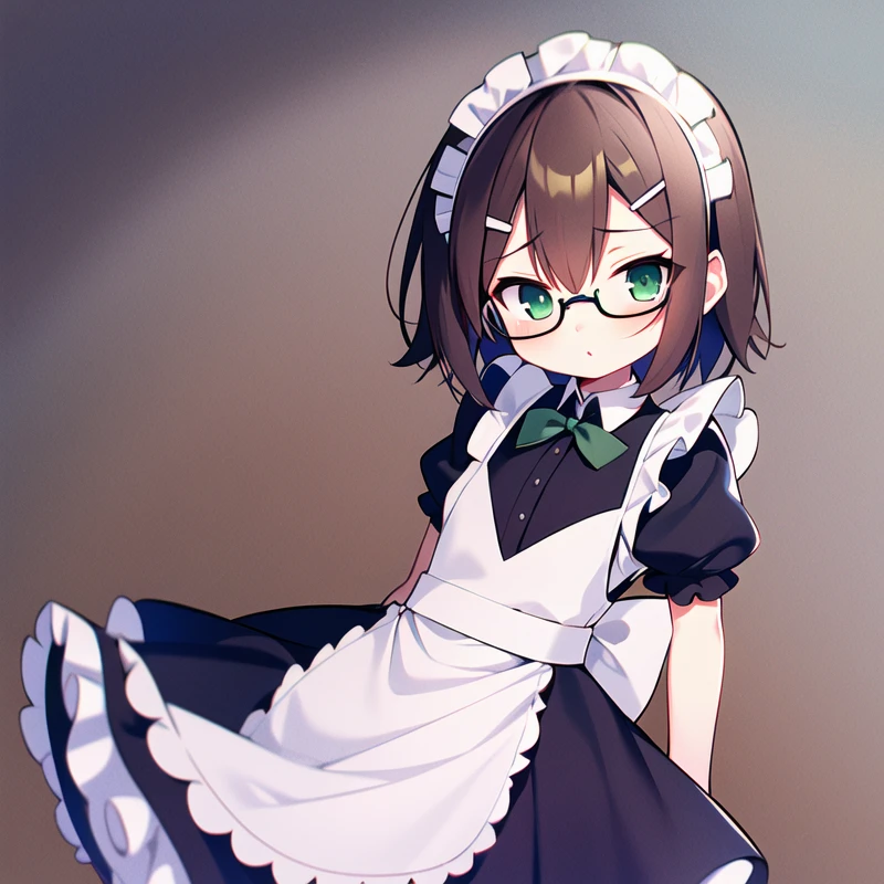 1boy, otoko no ko, male focus, solo, masterpiece, best quality, illustration, absurdres, cute, film_grain, extremely detailed face, perfect lighting, cowboy shot, <lora:hideyoshi_kinoshita:0.7>, hideyoshi_kinoshita, brown hair, green eyes, hair ornament, hairclip, hair between eyes, flat chest, see-through, maid, maid dress, glasses, hair ornament,