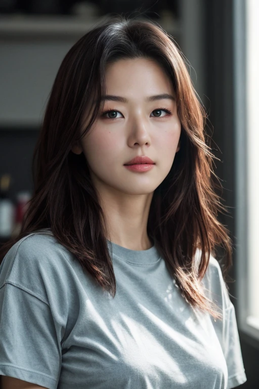 hyper realistic lifelike texture dramatic lighting unreal engine trending on art station, award winning photo, nikon RAW photo,8 k, Fujifilm XT3,masterpiece, best quality, realistic, photorealistic, ultra detailed, extremely detailed face, solo,1girl, standing, fashionable and trendy atmosphere, high-end makeup products, and a stylish expression on her face, close up, t-shirt, hyperrealism,