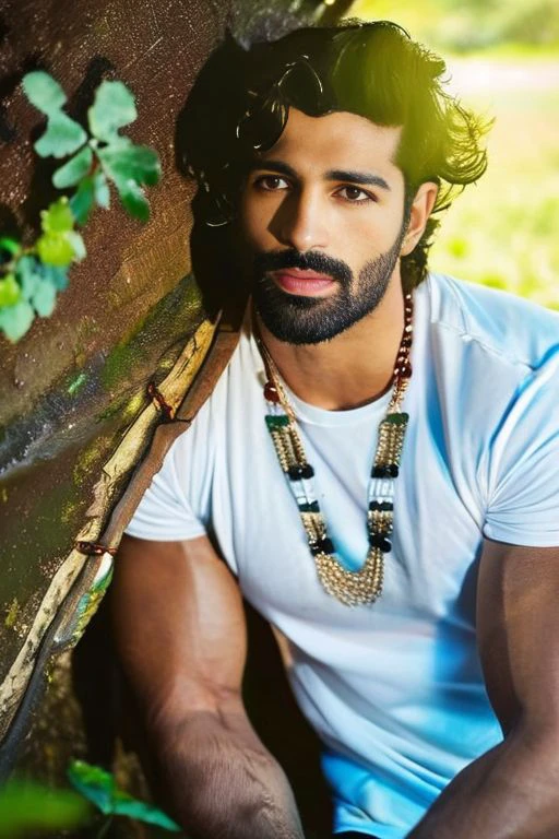 realistic, ((masterpiece)), ((best quality)), (detailed), cinematic, dynamic lighting, soft shadow, detailed background, professional photography, depth of field, intricate, detailed face, subsurface scattering, realistic hair, realistic eyes, muscular, manly, pectorals, abs, photo of brandon davis a man <lora:aashimg_bradondavis:1>, sexyloincloth, jungle, tribal, necklace, armband, bracelet, medium messy hair, brown eyes, water, vines, lying, stubble, from above, armpit, wet,