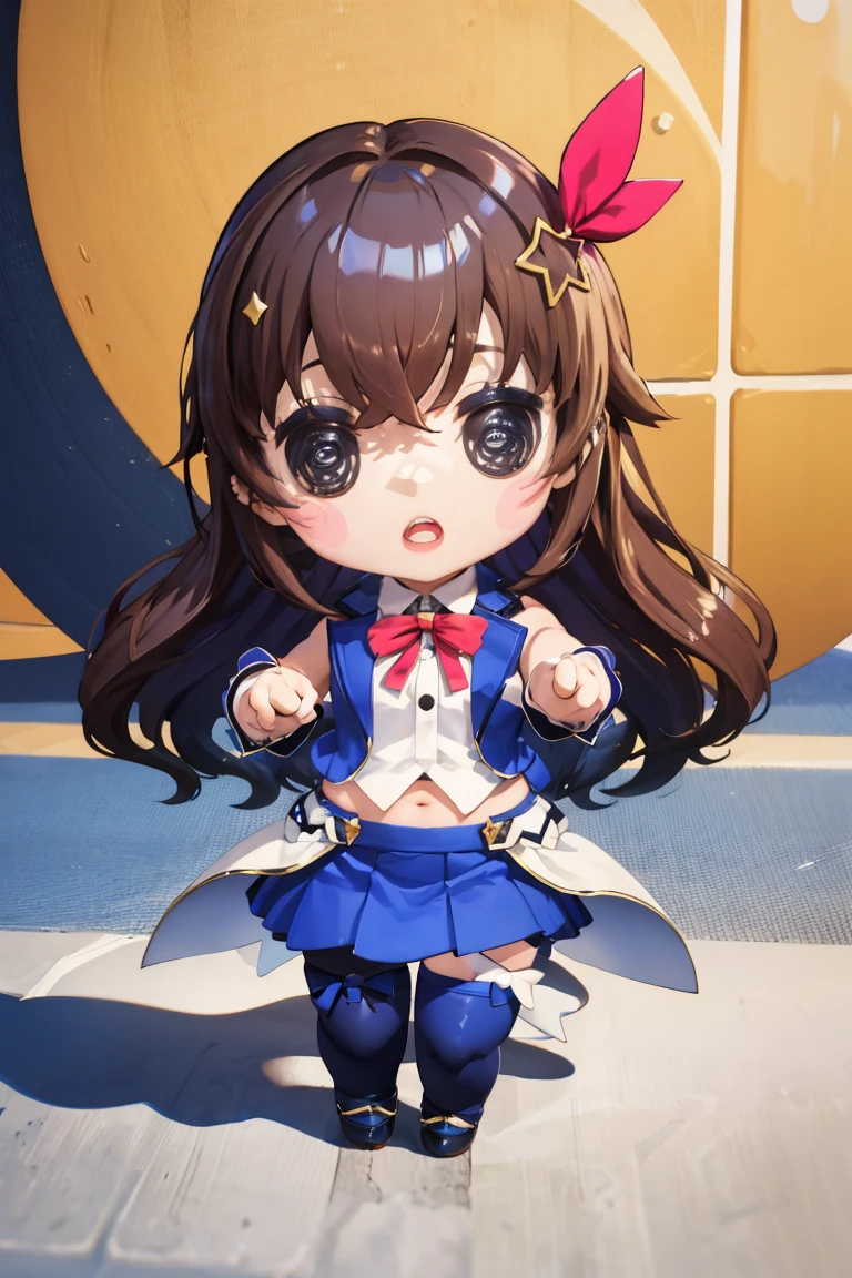 masterpiece, best quality, absurdres, ((chibi)), SoraBase, long hair, star hair ornament, hair ribbon, blue vest, sleeveless shirt, red ribbon, navel, wrist cuffs, blue skirt, blue thighhighs, thigh ribbon, waist cape, open mouth, <lora:CHAR-TokinoSora:0.8>, <lora:style_beegsmol-07:1.0>