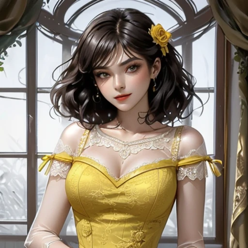 a beautiful woman wearing a yellow lace dress,<lora:ç½åé女:1>,