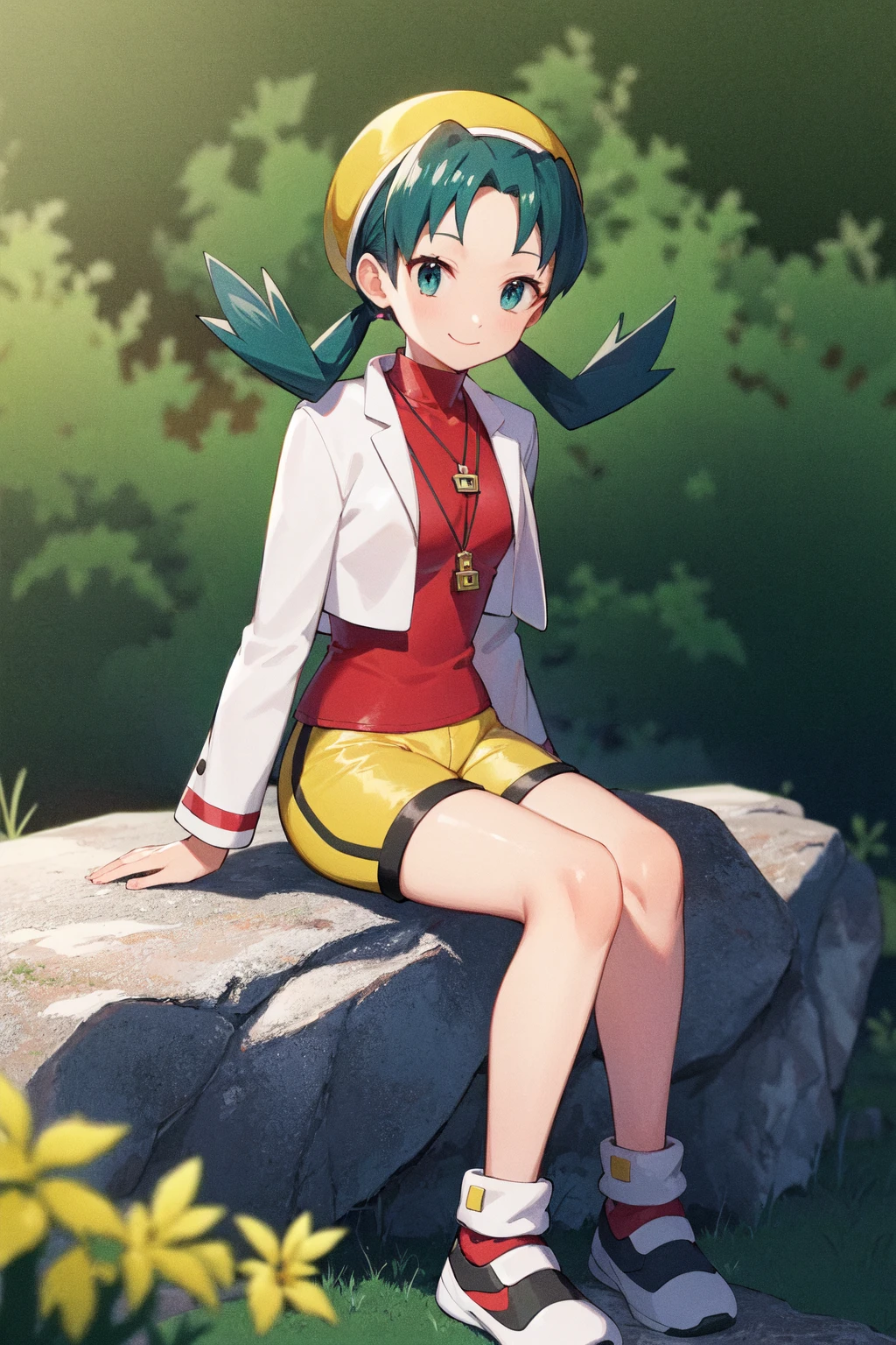 solo,  kris,  twintails,  red shirt,  necklace,  yellow shorts,  yellow headwear,  white jacket,  shoes,  sitting on rock,  forest,  smile,  closed mouth,<lora:EMS-253434-EMS:0.700000>