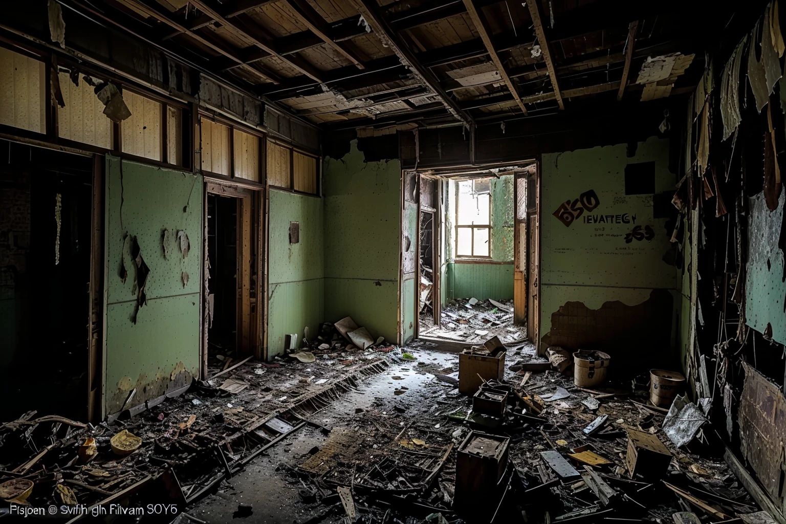 <lora:abandoned school_v1:0.6>,ruanyi056,no humans,indoors,<lora:nighttime_v1:1.1>,<lora:detail_slider_v4:5>,
, ruins, decay, rotten wood, dirt, stones, overgrown, abandoned school, rusty basketball hoop, rotten desks, rotten chairs, school, dilapidated infirmary, rotten shelves, broken glass Windows, peeling walls, mottled paint, dim light,
, wet ground, potholed ground, rotten wooden floors, bottles, cups, cardboard boxes, condom packages, used condoms, dolls, graffiti on the wall, newspapers, garbage, toilet paper, urine marks on the corner, Animal droppings, rotten ceiling fans, broken lamps, moss,
, cigarette butts, cigarette packages, rotting potted plants, animal carcasses, exposed wires, iron water pipes with mottled paint, ropes, water, stagnant water, books, semen, human feces, torn clothing,
, broken glass, rotten fruit, animal bones, broken washbasin, best quality,masterpiece,high quality,real,realistic,super detailed,full detail,8K,