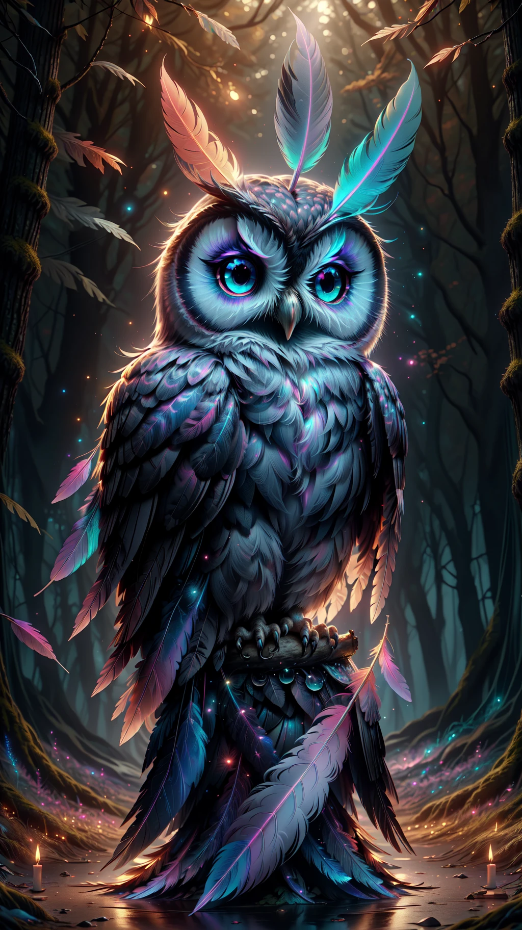 a magical owl in an autumn forest, masterpiece, 8k, award winning, high quality, best quality, cinematic, intense lighting, vivid colors, extremely detailed, (iridescent feathers:1.4), candles, magic dust