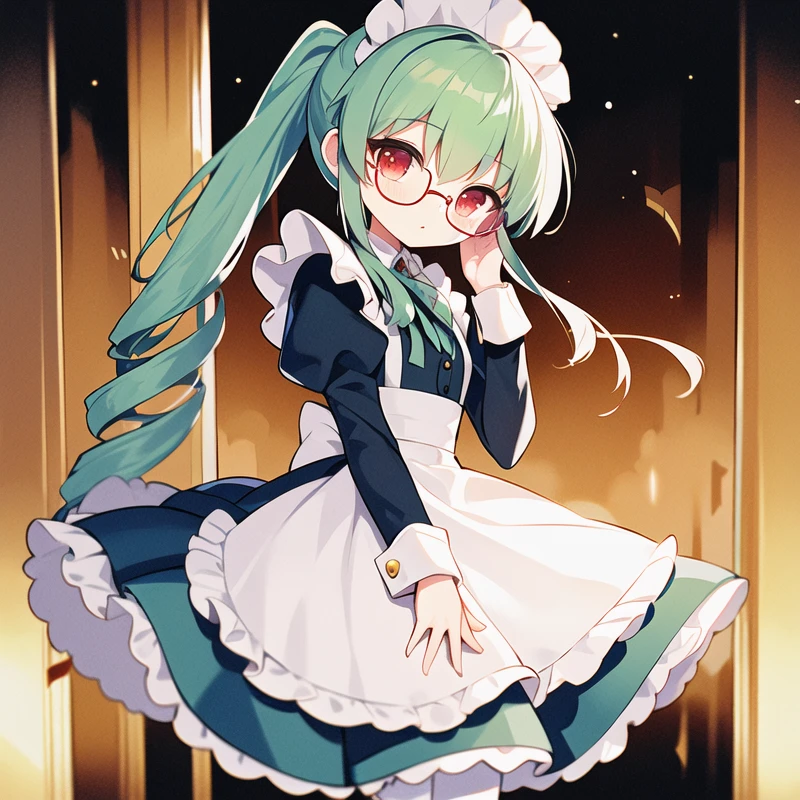 1girl, solo, masterpiece, best quality, illustration, absurdres, cute, film_grain, extremely detailed face, perfect lighting, cowboy shot, <lora:vanilla_h:0.7>, vanilla_h_galaxy_angel, green hair, red eyes, dress, frills, long hair, ponytail, pantyhose, white pantyhose, white legwear, thighhighs, white footwear, drill hair, hat, maid, maid dress, glasses, hair ornament,