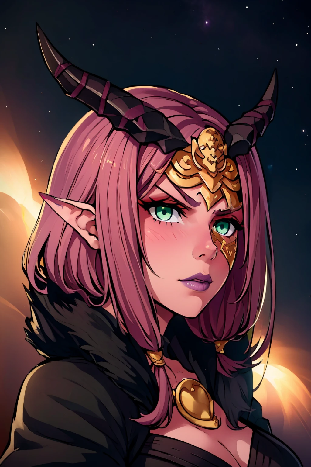 masterpiece, best quality,  <lora:nuibaba-nvwls-v1-000010:0.9> nuibaba, green eyes, purple skin, horns, mask, lipstick, black dress, portrait, face focus, furrowed brow, full lips, night sky, looking at viewer, covered face