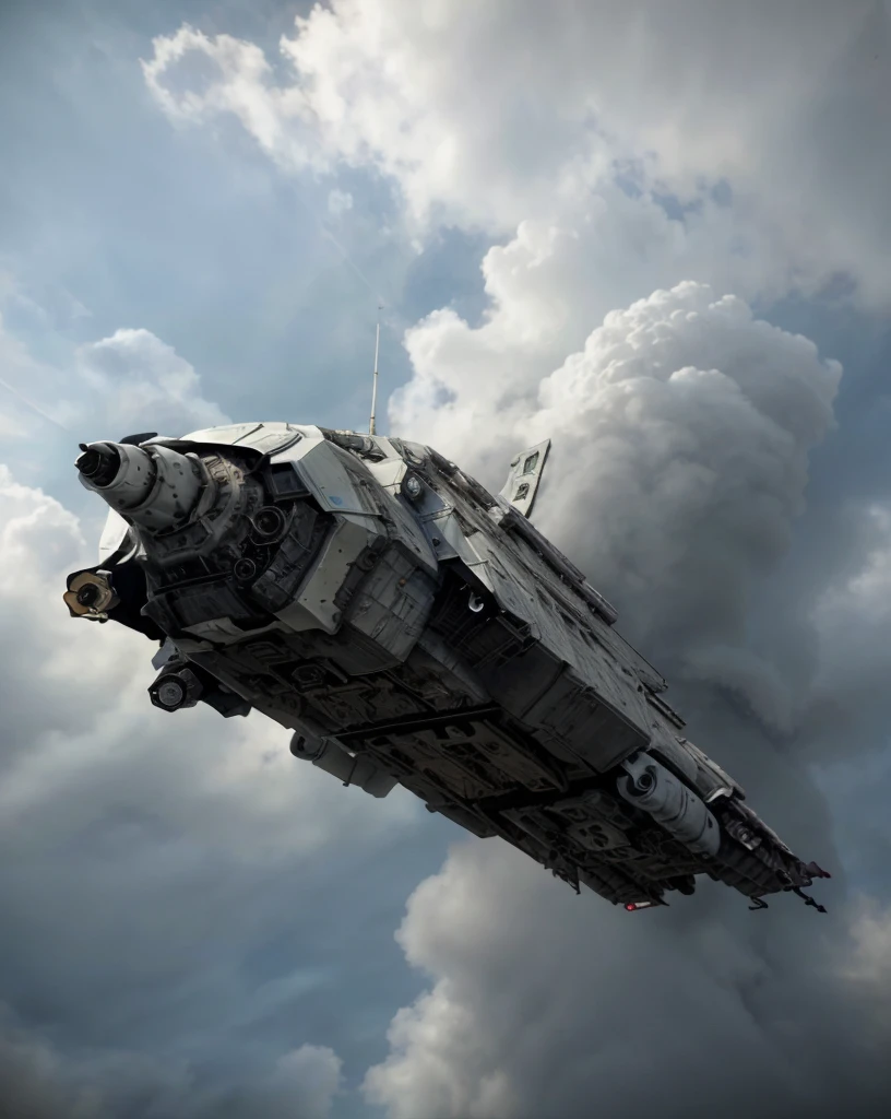 starwars outlaws , a large spaceship flying through a cloudy sky, sky, day, cloud, military, no humans, flying, science fiction, realistic, military vehicle, vehicle focus, spacecraft , <lora:StarWars_Outlaws_Style-SD15:0.75>