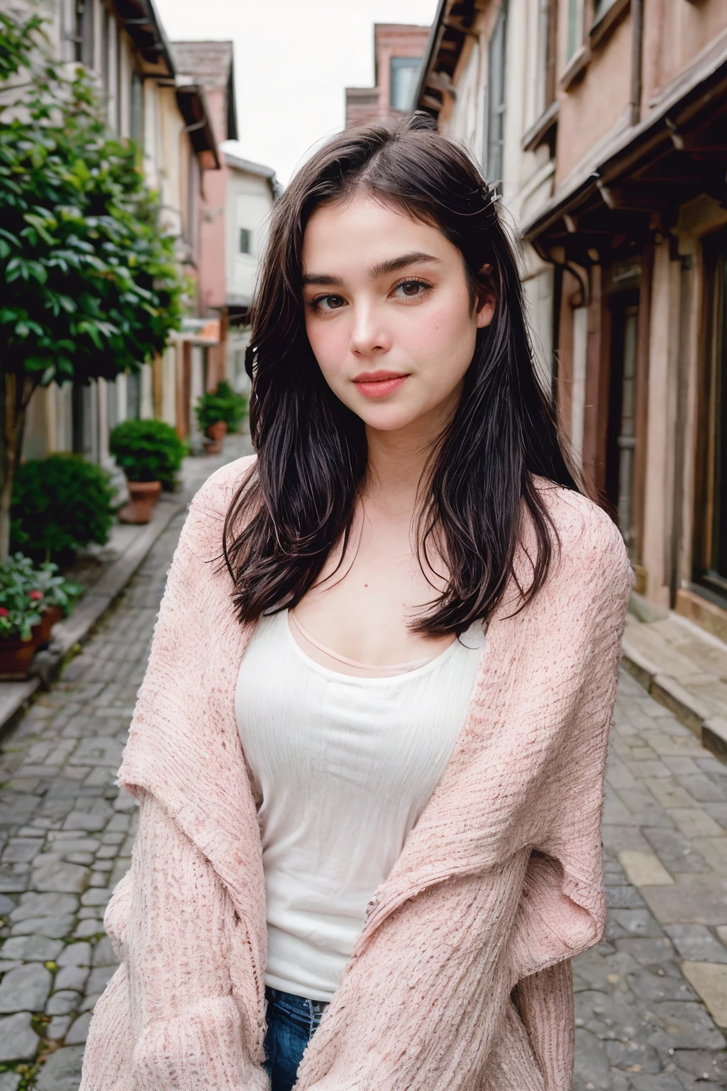 Wedding Photography photo of <lora:PHM_-_Kim_Domingo_LoRA:1> kimdomingo, black hair, Confident, Eyes that meet the viewer directly, a slight smile, and a relaxed posture., (Textured boucle cardigan with a shawl collar), full body, (village, quaint houses, charming streets, community), soft lighting, Close-Up, shot on RED RANGER MONSTRO 8K VV with Tokina Cinema Vista 40mm T1.5,in style of Sarah Moon, <lora:ReaLora:.2> <lora:PAseer-SD15-LCM Quick:1> <lora:add_detail:0.5>