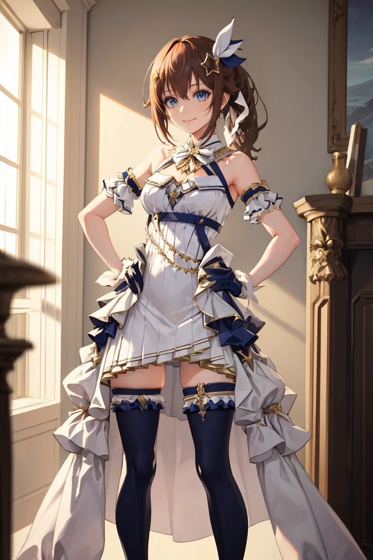 masterpiece, best quality, absurdres, SoraDress, ponytail, star hair ornament, hair ribbon, blue eyes, white dress, frills, gloves, arm garter, blue thighhighs, indoors, hands on hips, standing, smile, <lora:TokinoSora:0.8>