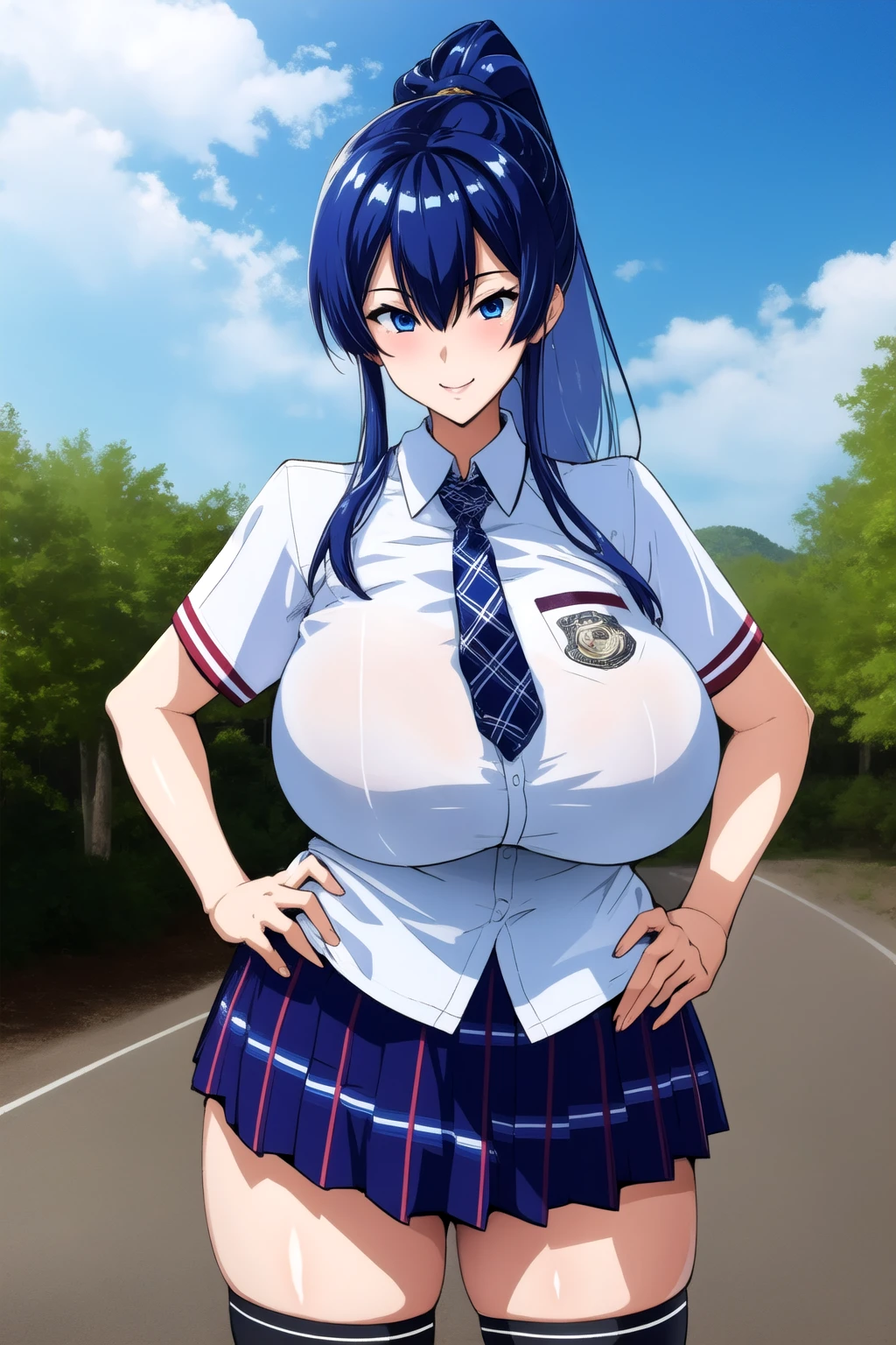 takeda hiromitsu style,1girl, breasts, skirt, thighhighs, solo, blue eyes, necktie, school uniform, long hair, blue hair, ponytail, huge breasts, shirt, tented shirt, plaid, outdoors, plaid skirt, smile, hand on hip, looking at viewer, blue skirt, sidelocks, high ponytail, thighs, sky, tree <lora:TakedaHiromitsu:0.8>