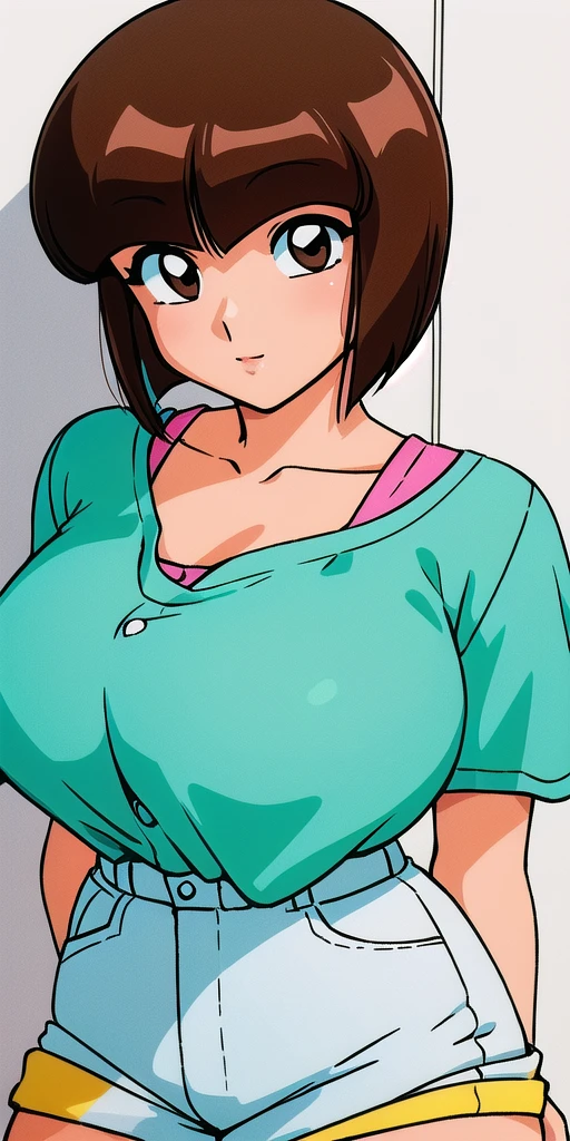 <lora:TendouNabikiV2:0.85> tendounabiki, huge_breasts, standing, solo, Aqua_shirt_Pink_undershirt_Short_shorts, masterpiece, best quality, detailed face, detailed eyes, highres,