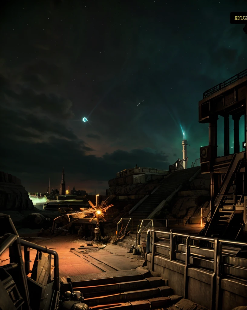 starwars outlaws , a row of stairs with a light shining down, no humans, night, scenery, science fiction, light, dark , <lora:StarWars_Outlaws_Style-SD15:0.75>