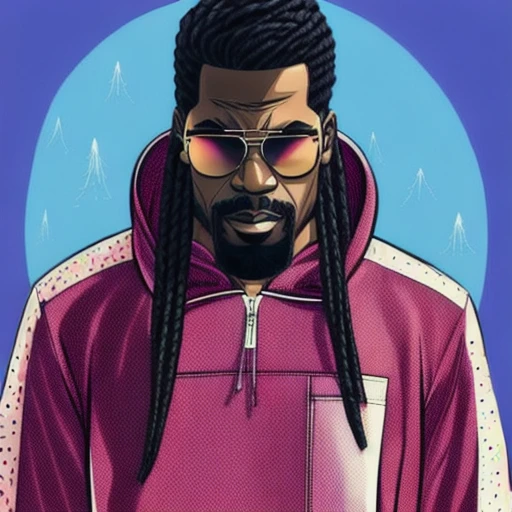evang style Black man with box braids, wrinkled white T-shirt, baggie, blue jeans, and a zip up sweatshirt, vector art by Yusuke Murata