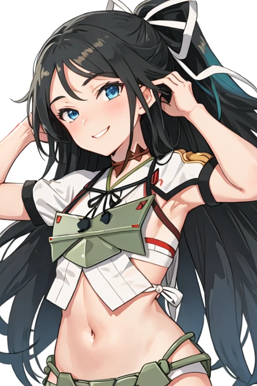 best quality, masterpiece, highres, solo, {katsuragi_kantaicollection:1.15}, black_hair, long_hair, ribbon, hair_ribbon, blue_eyes, ponytail, white_ribbon, smile, 1girl, looking_at_viewer