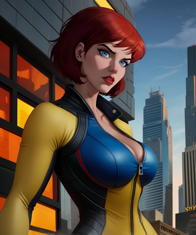 Giganta,red hair,short hair,blue eyes,lips,
yellow bodysuit,cleavage,collarbone,zipper,
solo,standing,serious,giantess,
metropolis,skyscraper,
(insanely detailed, beautiful detailed face, masterpiece, best quality) cinematic lighting,<lora:Giganta-10DCJ:0.8>,
