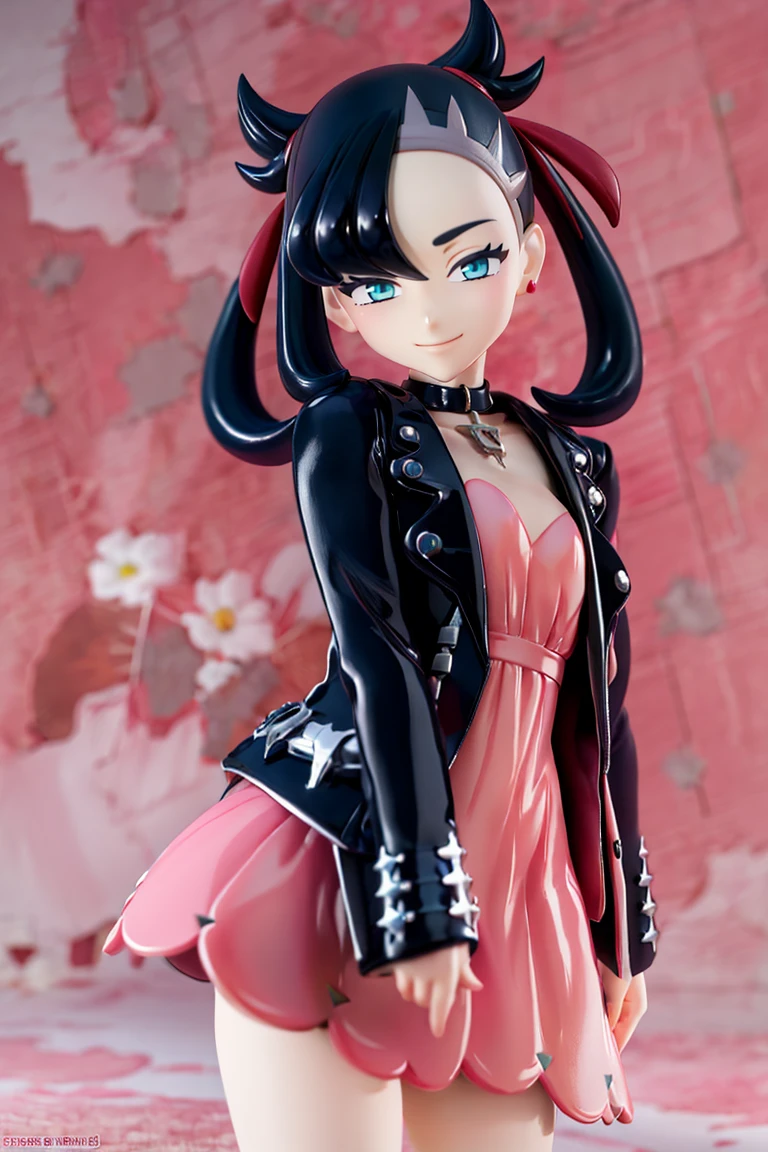 <lora:Anime_Figure:1>, figure, ((masterpiece,best quality)), absurdres, <lora:marnie_v1:0.7>, hmmarnie, aqua eyes, black choker, red ribbon, pink dress, jewelry, black jacket, open clothes, long sleeves, solo, smiling, looking at viewer, cowboy shot, ,
