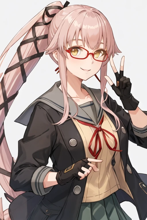 best quality, masterpiece, highres, solo, {yura_kantaicollection:1.15}, long_hair, pink_hair, ribbon, very_long_hair, ponytail, hair_ribbon, hair_flaps, smile, yellow_eyes, brown_eyes, 1girl, bespectacled, black_gloves, black_jacket, glasses, gloves, grey_sailor_collar, jacket, looking_at_viewer, partially_fingerless_gloves, red-framed_eyewear, sailor_collar, school_uniform, serafuku, simple_background, upper_body, index_finger_raised, neck_ribbon, one-hour_drawing_challenge, red_ribbon, short_sleeves, white_background, ?