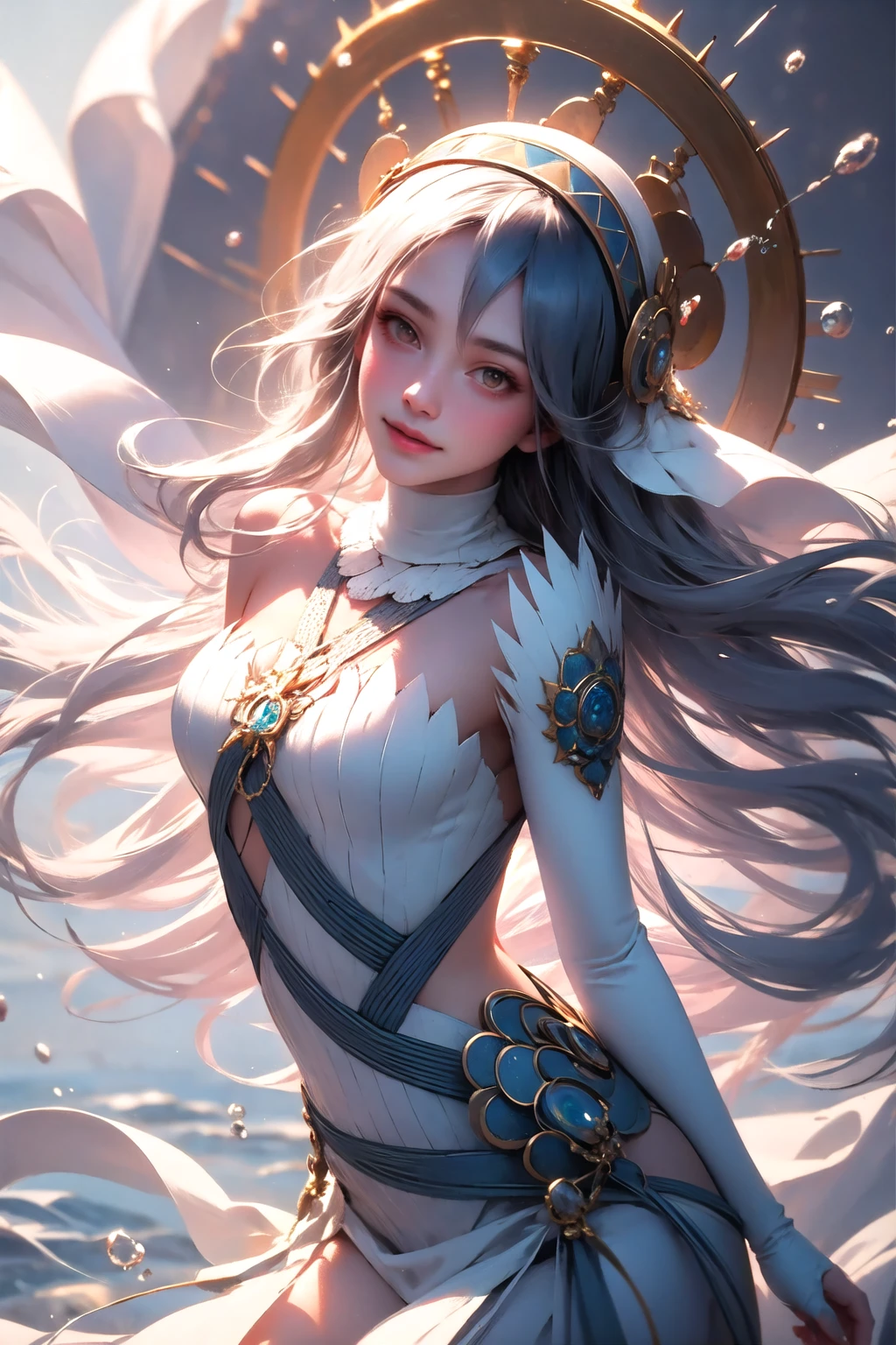 <lora:wrenchfeazura:1>, feazura, veil, 1girl, solo, parted lips, light smile, water, white background, head tilt, arms behind back,