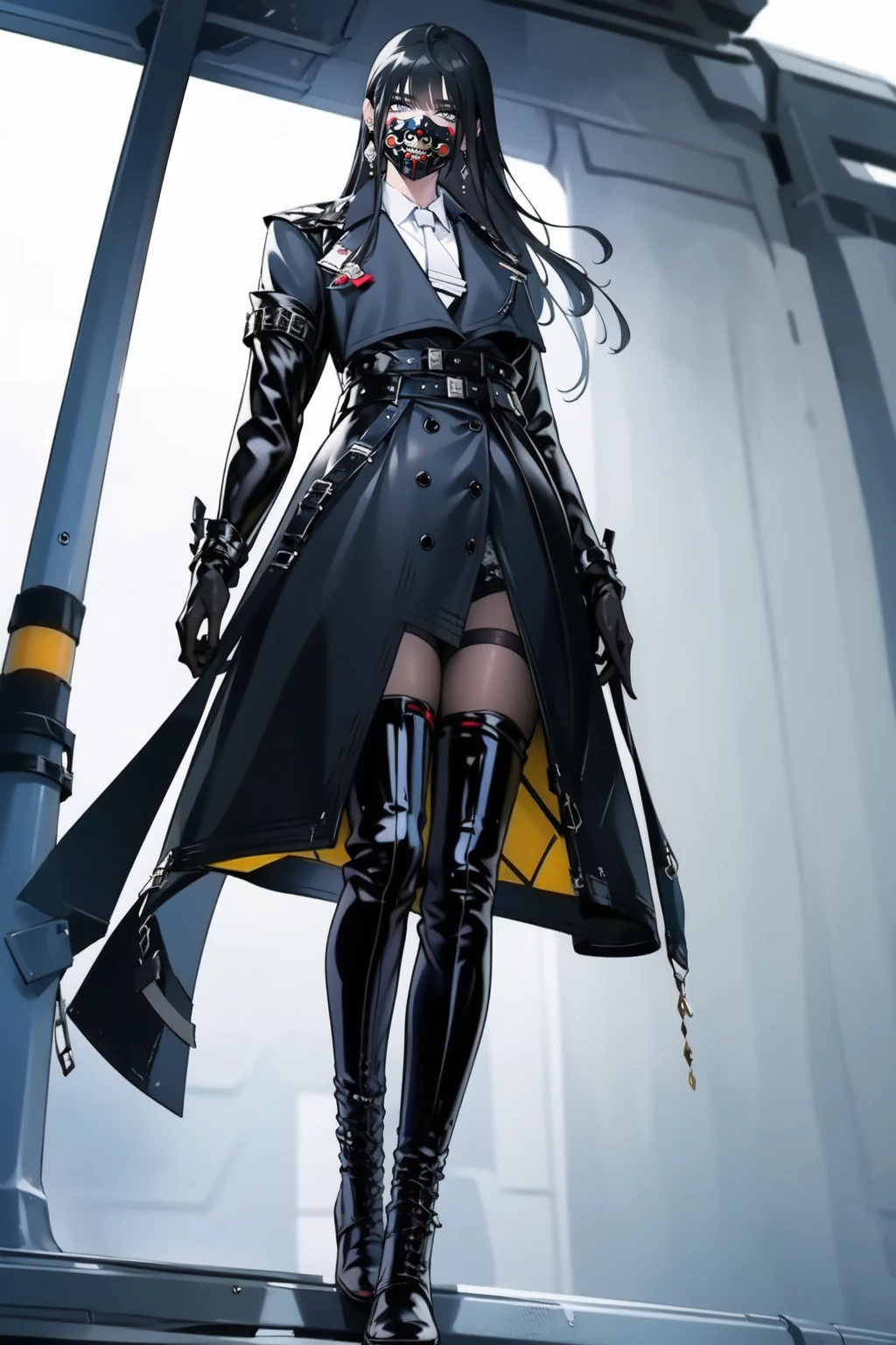 full body,from below,1girl,solo,rohu,mask,collared shirt,thigh boots,uniform,white necktie,coat,elbow gloves,(thighhighs under boots),belt,grey clothes,jewelry,earrings,zettai ryouiki,looking at viewer,<lora:ProjectRohu-000008:1>,lace-up boots,standing,black hair,