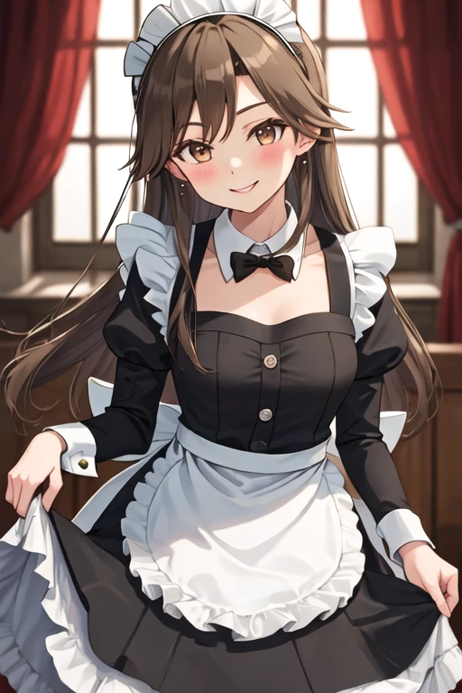 best quality, masterpiece, highres, solo, {maid:1.40}, {long maid dress:1.15}, {arashio_kantaicollection:1.15}, brown_hair, long_hair, brown_eyes, smile, blush, breasts