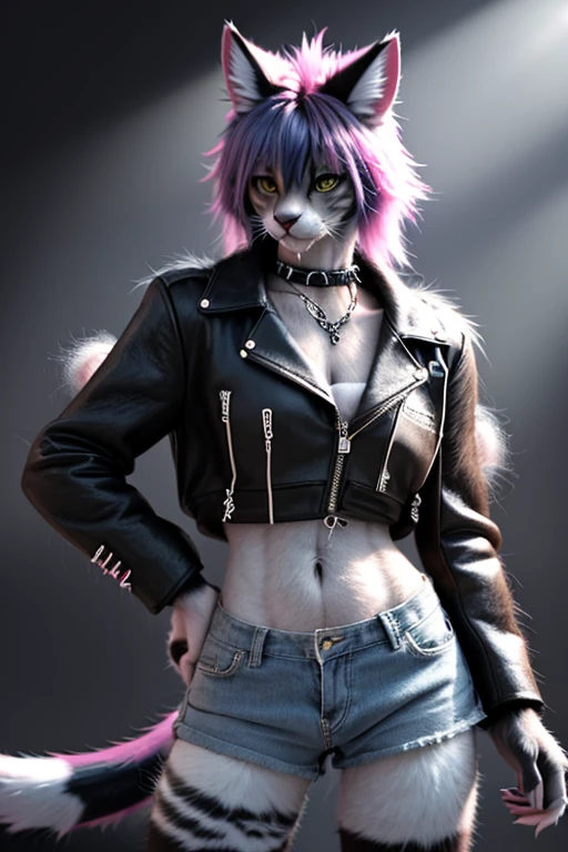 <lora:CatgirlLoraV7:1> punk catgirl covered in fur