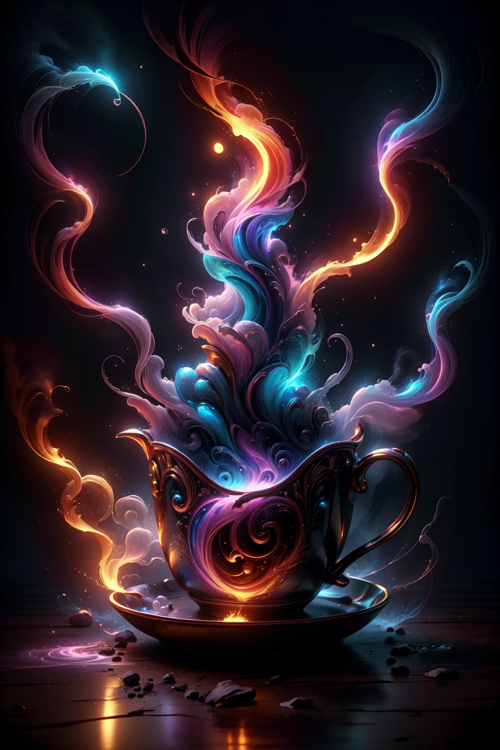 a magical cup of wizard's tea, in a wizard's kitchen, extremely detailed, vivid colors, glowing, fire, smoke, high quality, best quality, award winning, high contrast, cinematic lighting, (masterpiece),