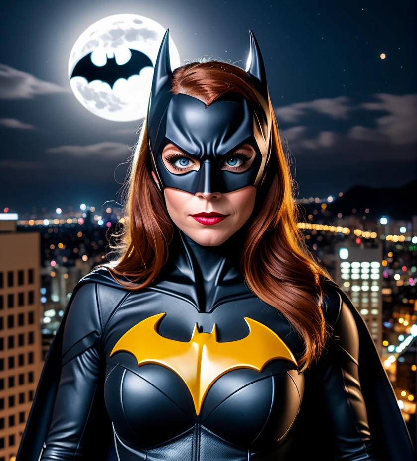 A photo of barbara gordon, Batgirl, batgirl mask, superhero pose, impotent, at night, top of building, watching the city, below view, f 1. 2, sharp focus, 8 k high definition, fisheye lens, full moon. calidad alta, grey eyes, punching to the camera