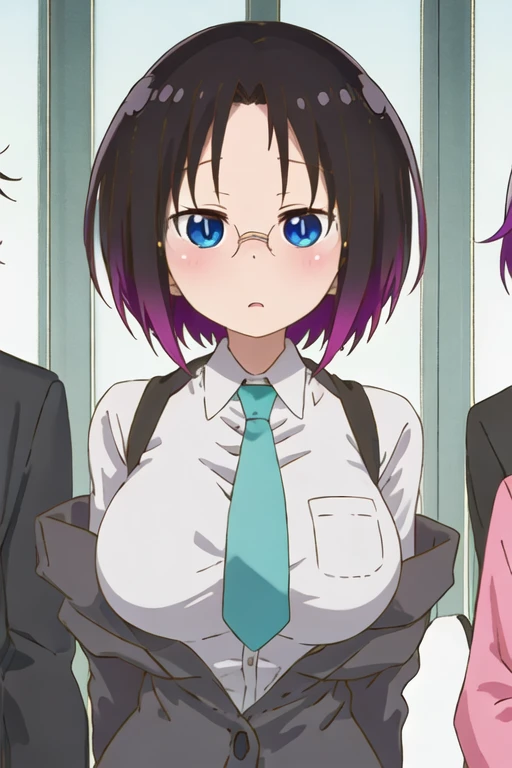 best quality, masterpiece, highres, solo, {elma_kobayashisanchinomaidragon:1.15}, black_hair, multicolored_hair, purple_hair, gradient_hair, short_hair, blue_eyes, blush, breasts, large_breasts, 1girl, glasses, necktie, shirt, collared_shirt, looking_at_viewer, jacket, slit_pupils