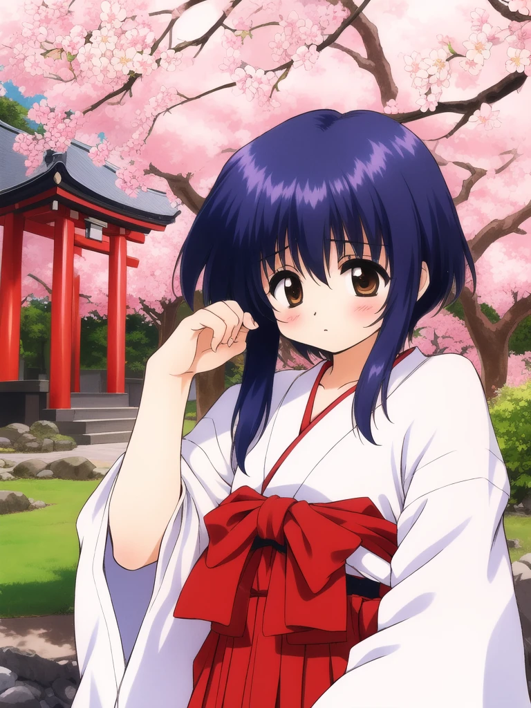 <lora:Yuichi:0.8> Yuichi, dark_blue hair, brown eyes, short hair, long locks, 1boy, otoko no ko, solo, 
japanese white clothes, miko, red hakama, shrine, cherry blossom,
masterpiece, high quality, very_high_resolution, large_filesize, full color,
