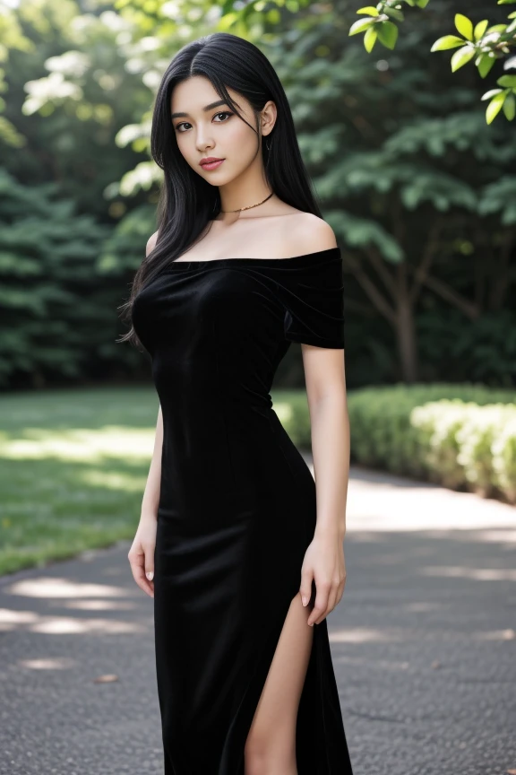1woman, black hair, center parted long hair, realistic, masterpiece, high detailed skin, wearing random dress, looking at viewer, outdoor view, solo, full body shot
velvet off shoulder long black dress, side slit <lora:Black_Velvet_Dress_By_Stable_Yogi:0.8>
