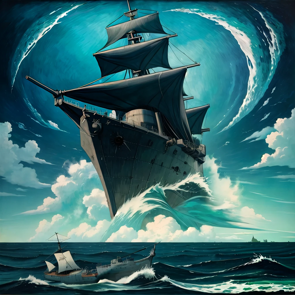 painting, ominous sea battleship in style of vincent van gogh and leonardo da vinci