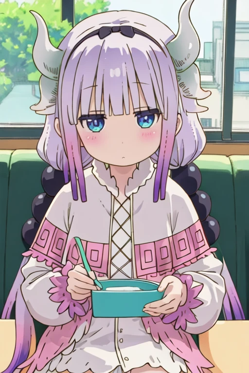 best quality, masterpiece, highres, solo, {kanna_kamui_kobayashisanchinomaidragon:1.15}, long_hair, light_purple_hair, blue_eyes, hair_ornament, bangs, blush, multicolored_hair, twintails, blunt_bangs, hair_beads, beads, hairband, gradient_hair, low_twintails, horns, dragon_horns, purple_hair, 1girl, dragon_girl, looking_at_viewer, indoors