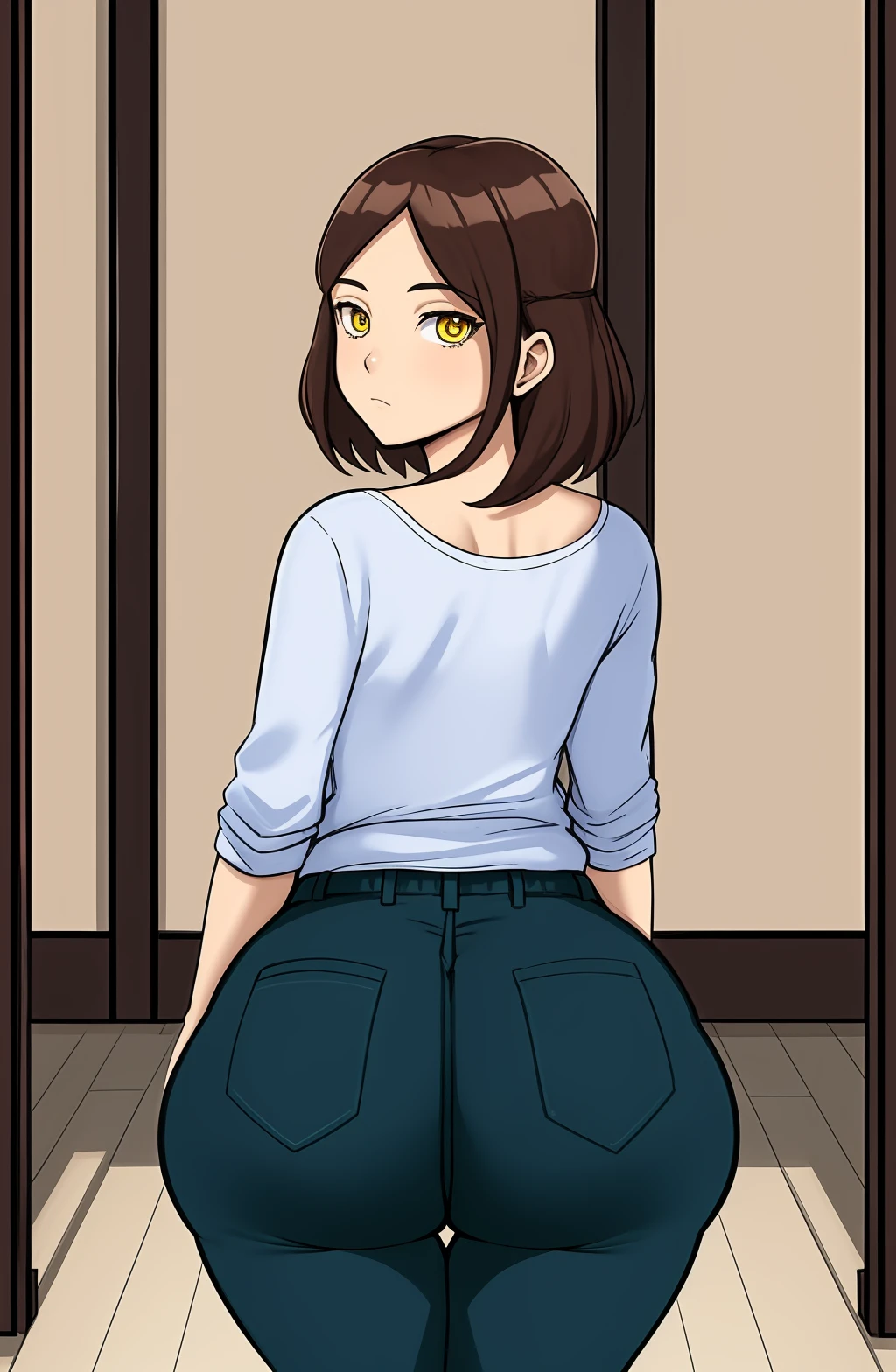 ColdArsenal \(Artist\), looking at viewer, (((portrait shot))), brown hair, yellow eyes, from behind, wide hips pants,, indoors, <lora:ColdArsenal Style:1>