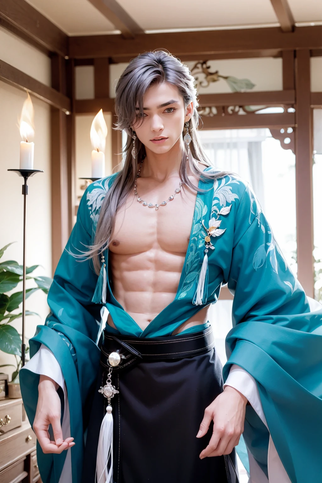 masterpiece, best quality, <lora:fstyle03-000005:1>,long hair, male focus, 1boy, candle, solo, red ribbon, bishounen, ribbon, curtains, pectorals, earrings, chinese clothes, tassel, jewelry, looking at viewer, hanfu, very long hair, abs, navel, black hair, long sleeves, bare pectorals, grey hair, upper body, open clothes, fire, candlestand, indoors, bangs, japanese clothes, blue eyes, green eyes