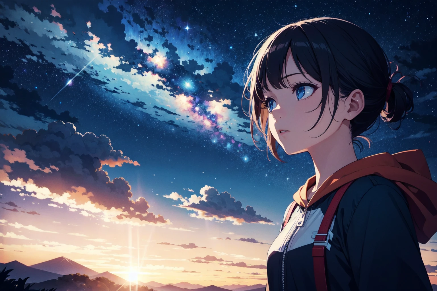 close view,
1girl, shining sky, vast world, gazing, awe-inspiring expression, distant horizon, clouds, high hill, natural beauty, inspiration, night sky, Shining Stars,