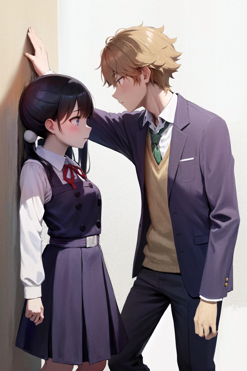 masterpiece, best quality, highres, 1girl 1boy kabedon against wall, school uniform <lora:kabedon_from_side_retry:1> <lora:bxb:0.9>