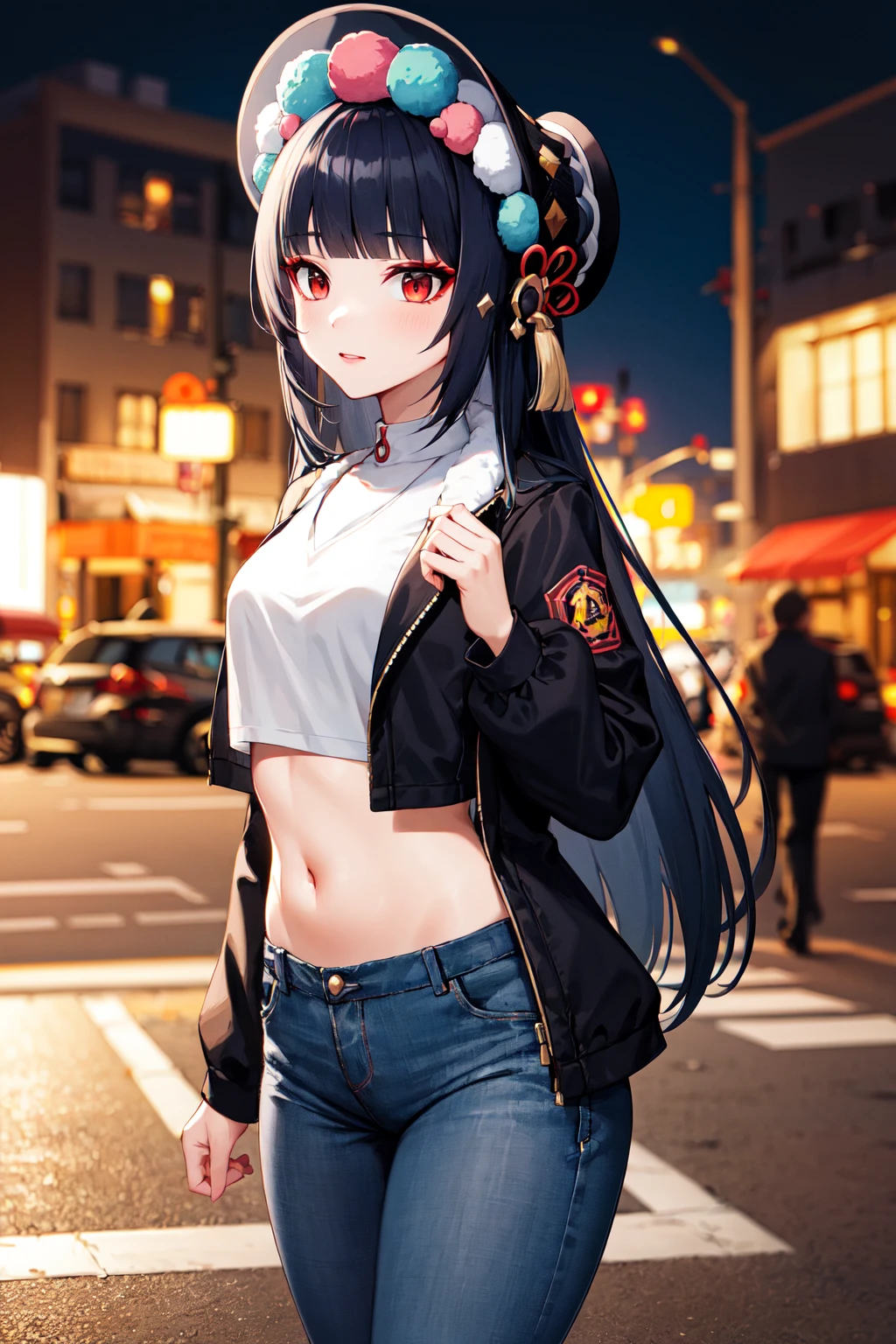 masterpiece, best quality, highres, aayunjin, long hair, bonnet, makeup, <lora:yun_jin_v1:0.7>, black jacket, white shirt, crop top, midriff, jeans, street, cowboy shot,
