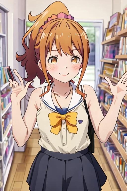 best quality, masterpiece, highres, solo, {jinno_megumi_eromangasensei:1.15}, blush, brown_hair, ponytail, brown_eyes, orange_hair, sidelocks, scrunchie, hair_ornament, 1girl, bare_shoulders, collarbone, hair_scrunchie, indoors, jewelry, necklace, upper_body, yellow_shirt, bookshelf, smile, sweatdrop, bangs