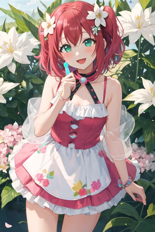 best quality, masterpiece, highres, solo, {kurosawa_ruby_lovelivesunshine:1.15}, red_hair, bangs, blush, two_side_up, smile, aqua_eyes, green_eyes, open_mouth, short_hair, hair_ornament, 1girl, flower, hair_flower, looking_at_viewer, :d, upper_body, holding