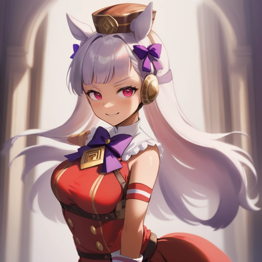 A masterpiece anime professional digital art of a uma musume woman GoldShip with a gentle smile standing straight wearing red outfit with a purple bow on hair, tall and strong <lora:goldship_xl-000040:1>