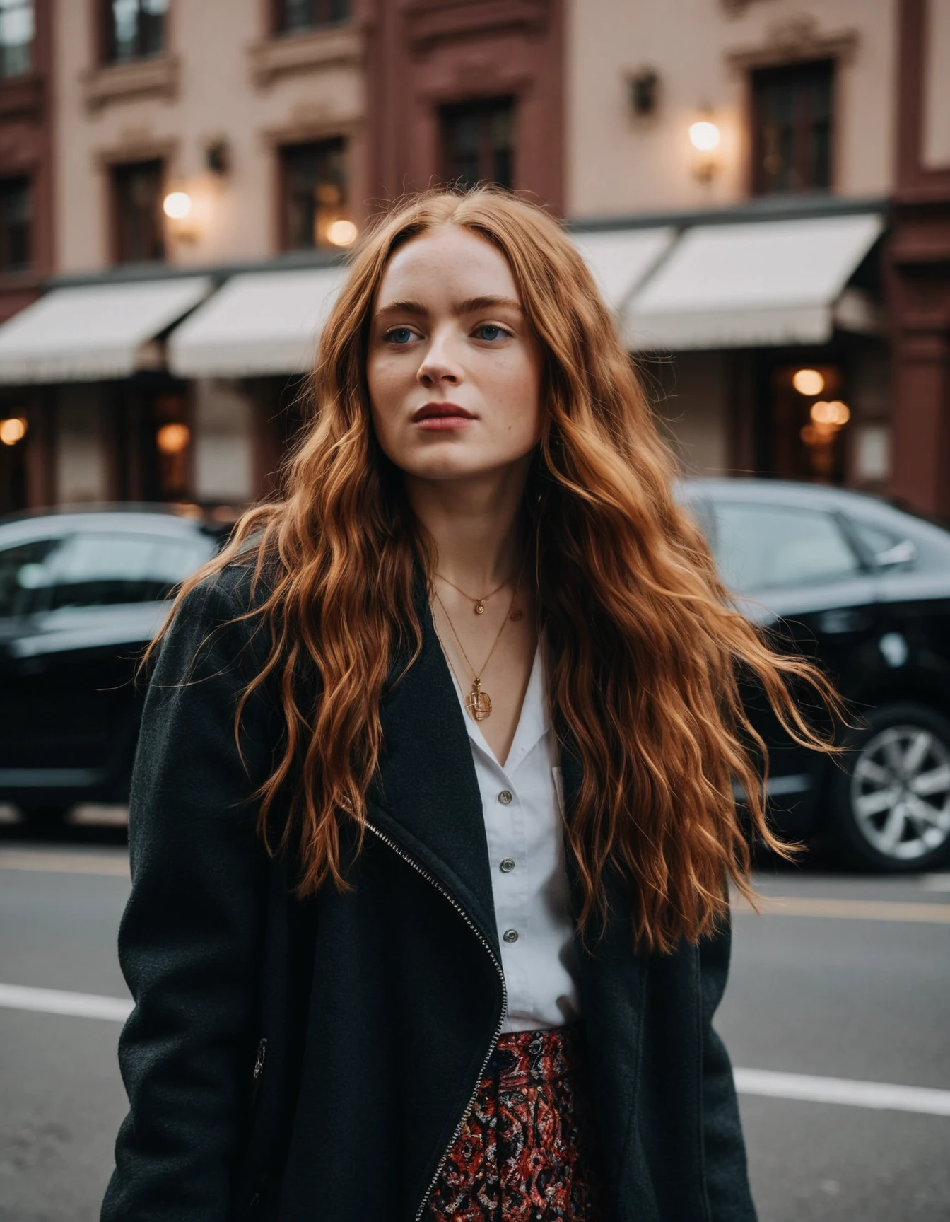 cinematic photo Mid-shot portrait of a beautiful (((ohwx woman))) in her 30s , with long hair, candid street portrait in the style of Martin Schoeller award winning, Sony a7R <lora:sadie_dh128_lora_sdxl_v1_fp16:1> . 35mm photograph, film, bokeh, professional, 4k, highly detailed