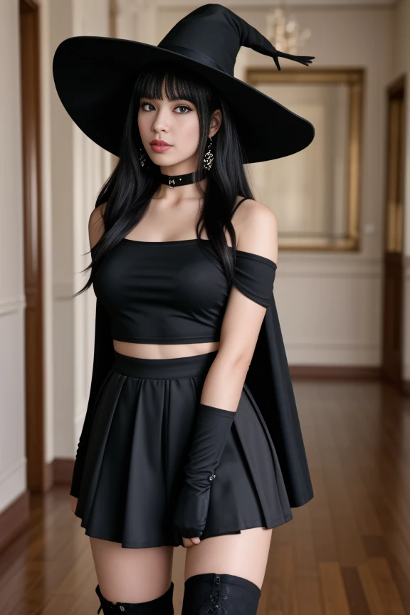 1woman, black hair, center parted long hair, realistic, masterpiece, high detailed skin, wearing random dress, looking at viewer, indoor view, solo
<lora:Black_Witch_By_Stable_Yogi:0.8> black skirt, black t shirt, earrings, boots, witch hat, choker, cape