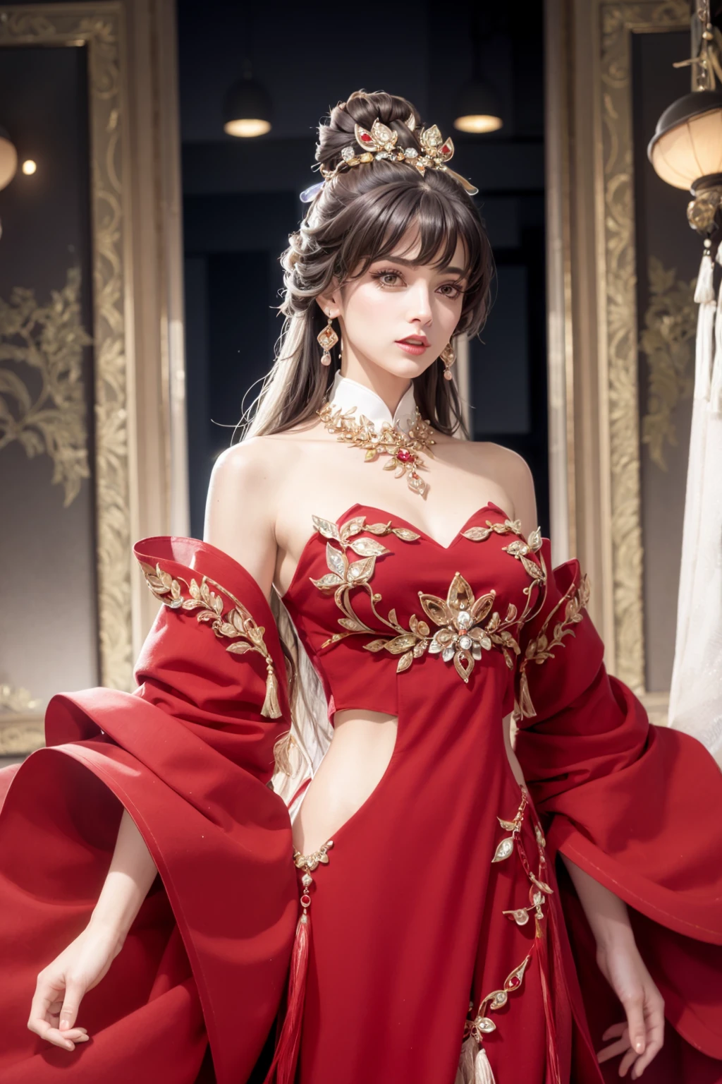 masterpiece, best quality, <lora:fstyle03-000005:1>,1girl, long hair, forehead mark, solo, dress, hair ornament, black hair, chinese clothes, bare shoulders, facial mark, jewelry, red dress, upper body, indoors, detached sleeves, bangs, earrings, breasts, lantern, long sleeves, parted bangs, red lips, looking at viewer, makeup, gem, brown hair, flower, very long hair, window, yellow eyes, red eyes, tassel, closed mouth, wide sleeves, parted lips, floating hair