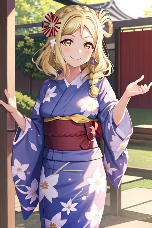 best quality, masterpiece, highres, solo, {yukata:1.40}, {kimono:1.20}, {ohara_mari_lovelivesunshine:1.15}, blonde_hair, yellow_eyes, braid, smile, hair_rings, crown_braid, blush, medium_hair
