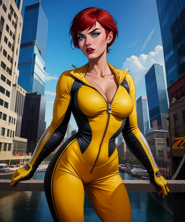 Giganta,red hair,short hair,blue eyes,lips,
yellow bodysuit,cleavage,collarbone,zipper,navel,
solo,standing,serious,giantess,
metropolis,skyscraper,
(insanely detailed, beautiful detailed face, masterpiece, best quality) cinematic lighting,<lora:Giganta-10DCJ:0.8>,