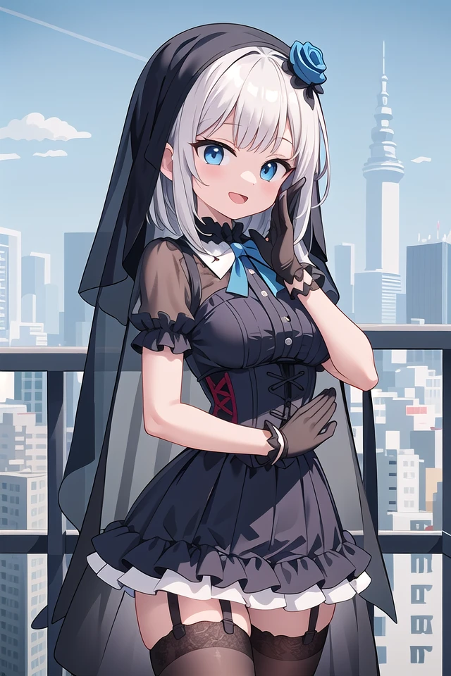 (cleavage:-1.5), insanely detailed, absurdres, ultra-highres, ultra-detailed, best quality,
1girl, solo, nice hands, perfect hands,
BREAK
(fusion of black mourning-dress and black wedding dress:1.2), (gothic dress:1.3), (light-blue and black theme:1.3), ((black mourning-veil, black see-through wedding-veil):1.5), ((black latex corset, light-blue breast-cup):1.4), (short puff-sleeve:1.3), ((white collar, tie-bow):1.3), ((ruffle-skirt, multilayer-skirt):1.4), ((stockings, garter belt):1.3), (see-through long gloves:1.3), (blue rose decoration on head:1.3), (high heels:1.1)
BREAK
happy smile, laugh, open mouth,
standing,own hands together,
from side, cowboy shot,
BREAK
slender, kawaii, perfect symmetrical face, ultra cute girl, ultra cute face, ultra detailed eyes, ultra detailed hair, ultra cute, ultra beautiful,
BREAK
ultra detailed background, day, blue sky, (cityscape of tokyo in background, bay side, panorama view:1.3), (evening:-1.5),
medium breasts, white hair, blue eyes