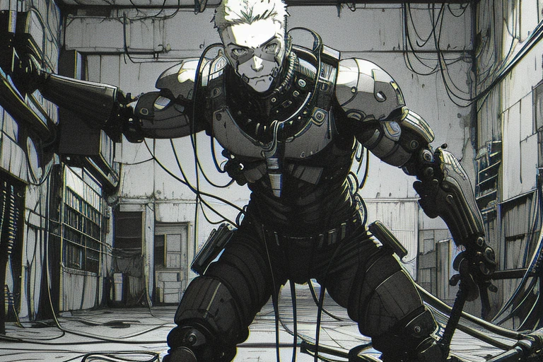 wallpaper, 1boy,solo,male focus,wide view angle, monochrome, cyberpunk, (chromatic aberration), detailed background ,mechanical parts,cable,indoors,